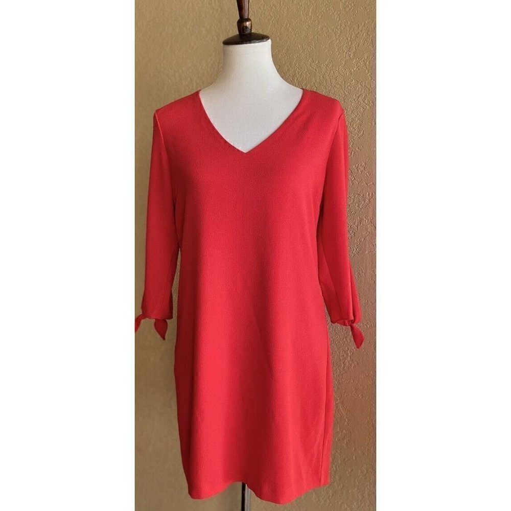 Charles Henry Red Women's Size Small S Tie Sleeve V-neck Crepe Shift Dress - Picture 8 of 11